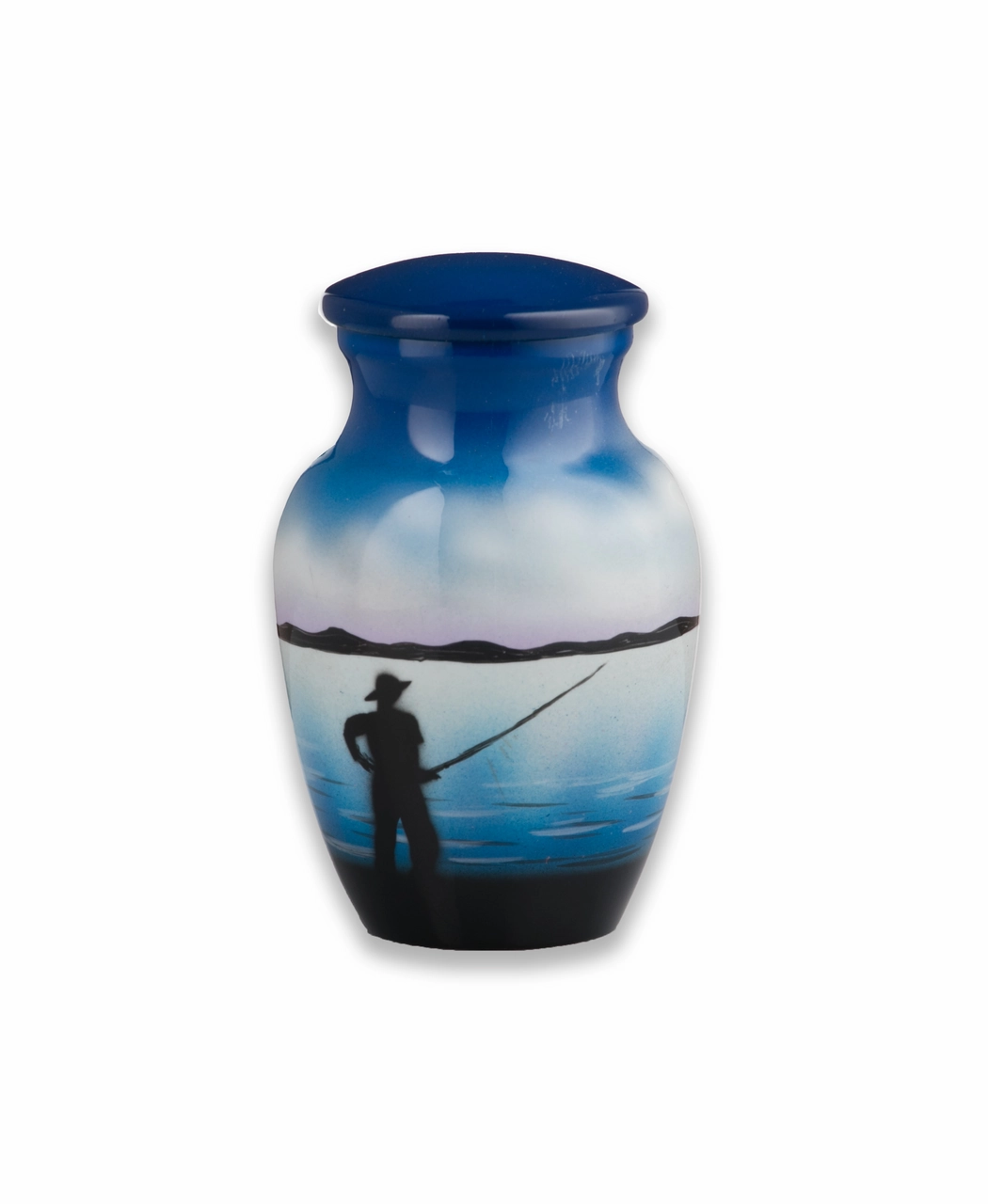Metal Urn with Fisherman Near Lake Scene