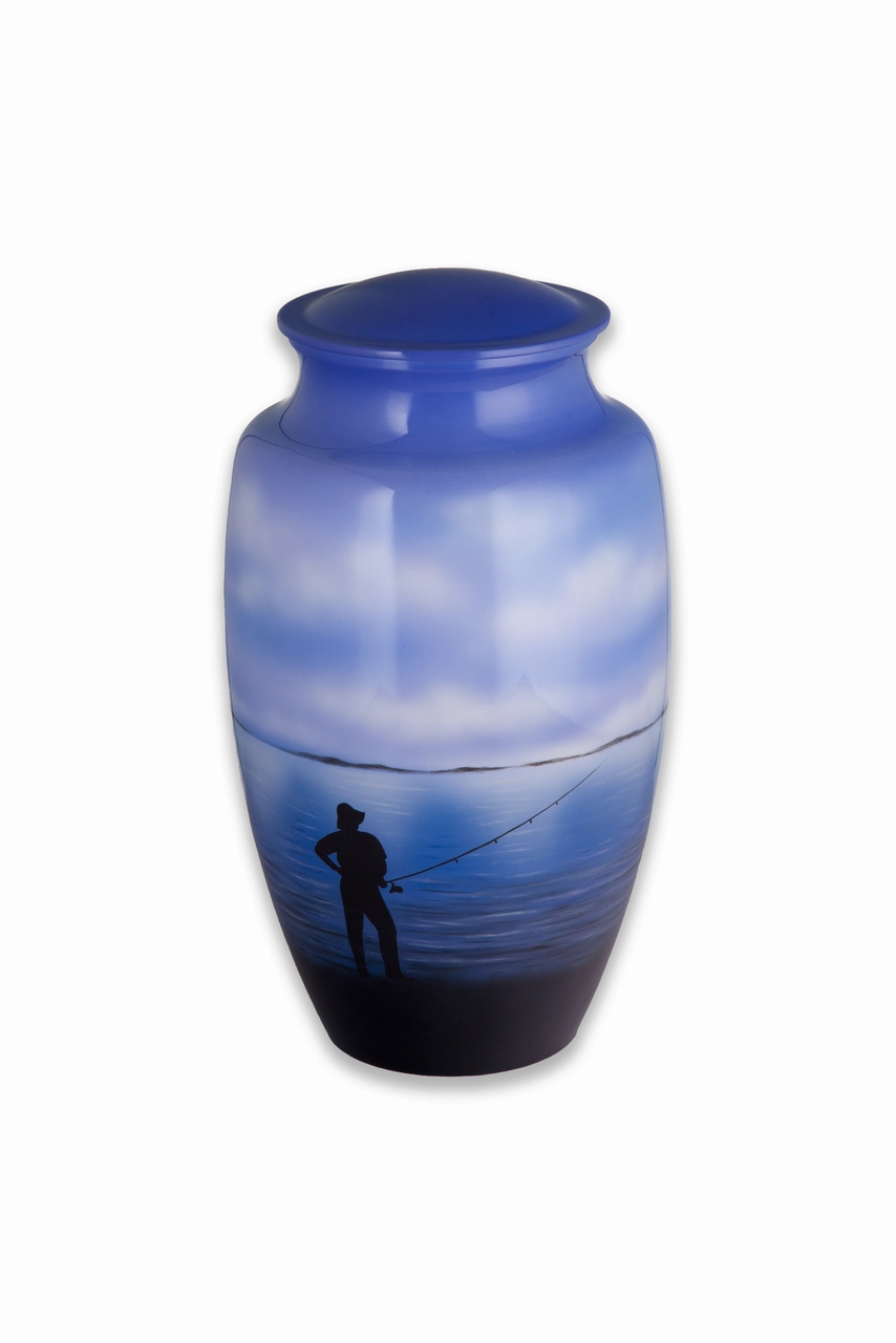 Metal Urn with Fisherman Near Lake Scene