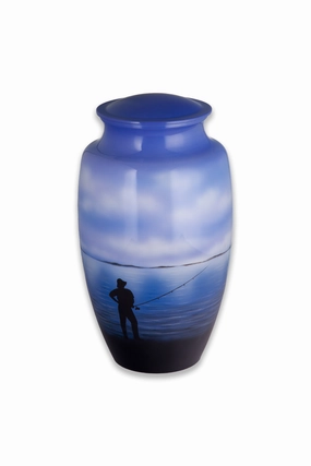 Metal Urn with Fisherman Near Lake Scene