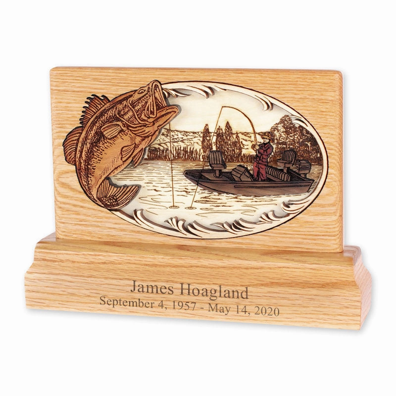 Small Keepsake Urn with 3-Dimensional Bass Boat Fishing Wood Inlay