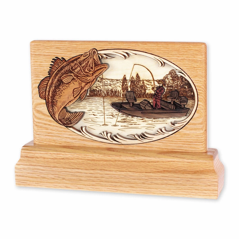Small Keepsake Urn with 3-Dimensional Bass Boat Fishing Wood Inlay